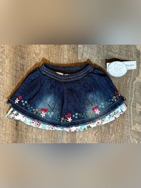 Koala Baby Girls Blue Denim A-Line Skirt Embroidered Floral, Elastic Waist 9M